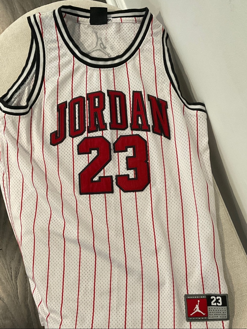 Jordan White Red Pinstriped 23 Basketball Jersey